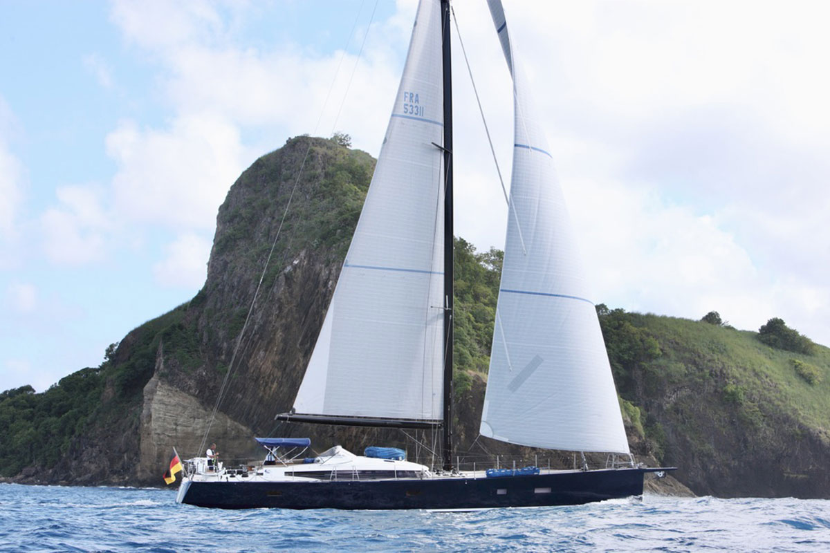 CNB 76 cruising with sails set. For sale with Flensburger Yacht Service.